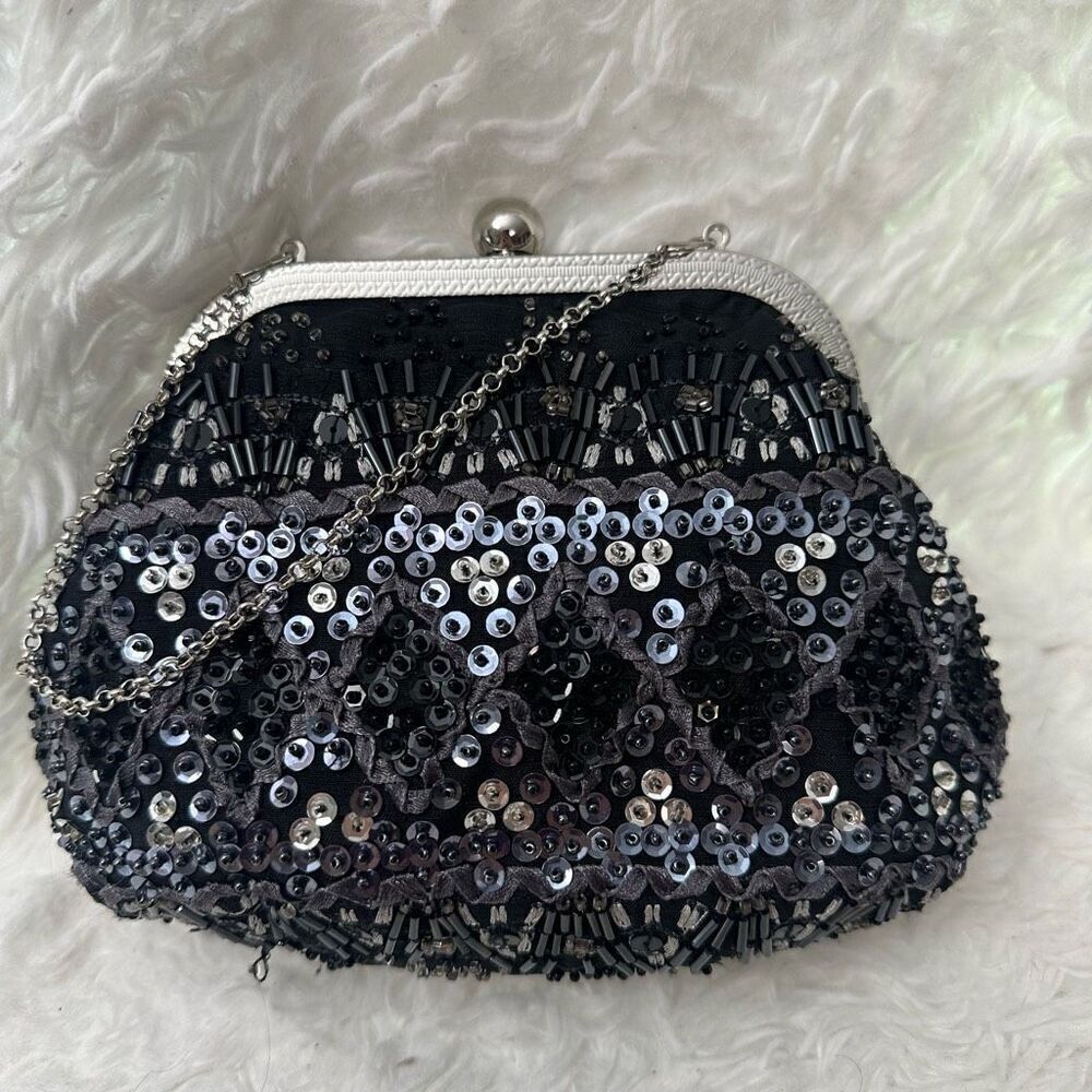 Valerie Stevens Black Beaded Sequinned Clasp Formal Evening Clutch Mini‎ Bag